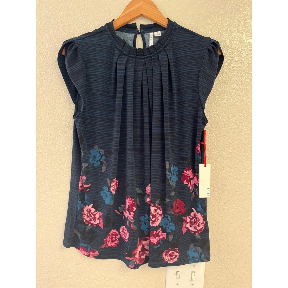 Elle Women Navy Space Dye Floral Pleated Mock Neck Top NWT Size M